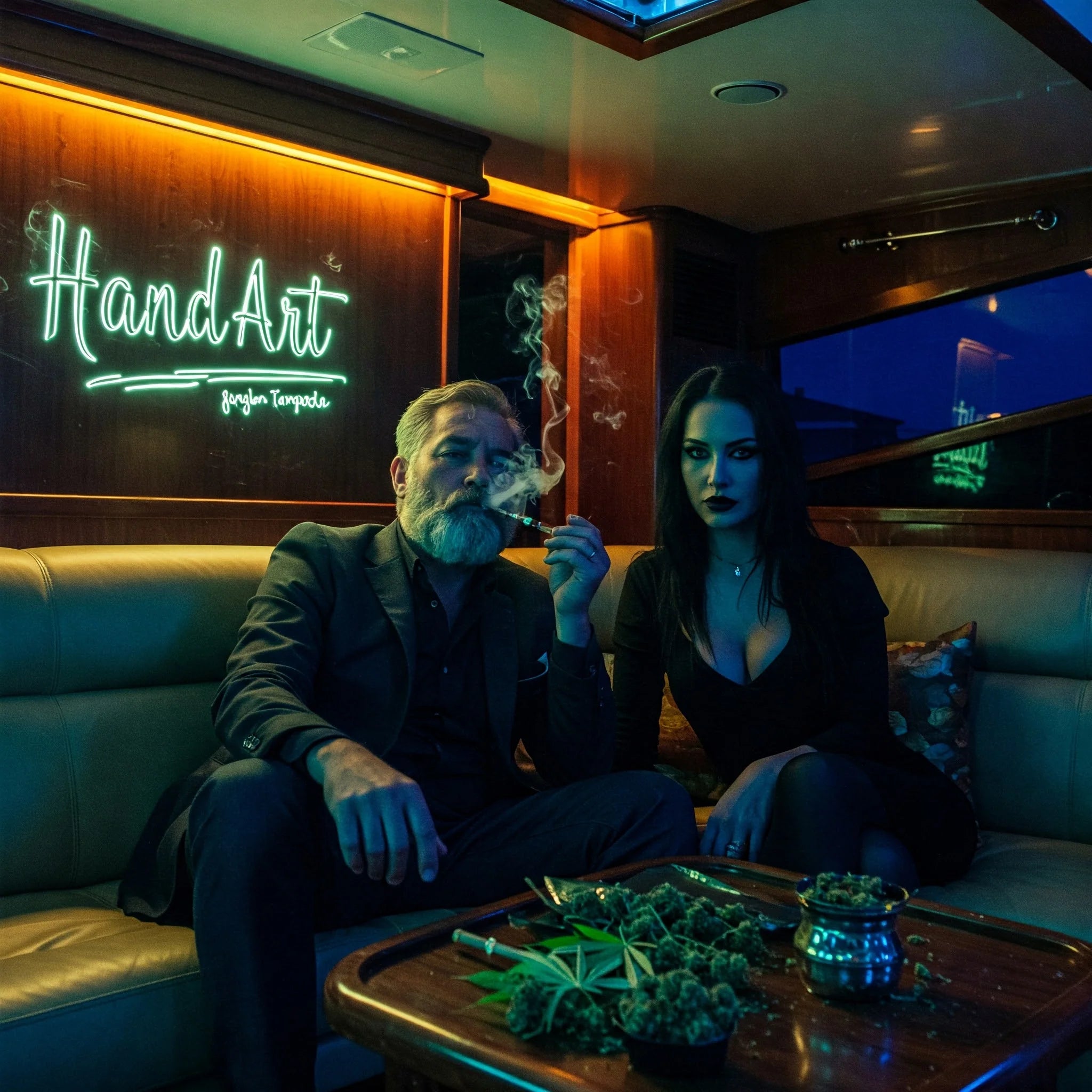 Two people sitting on a couch in a dimly lit room with a neon sign reading 'Hand Art'.